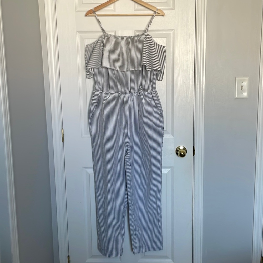 Bluenotes cold shoulder striped jumpsuit